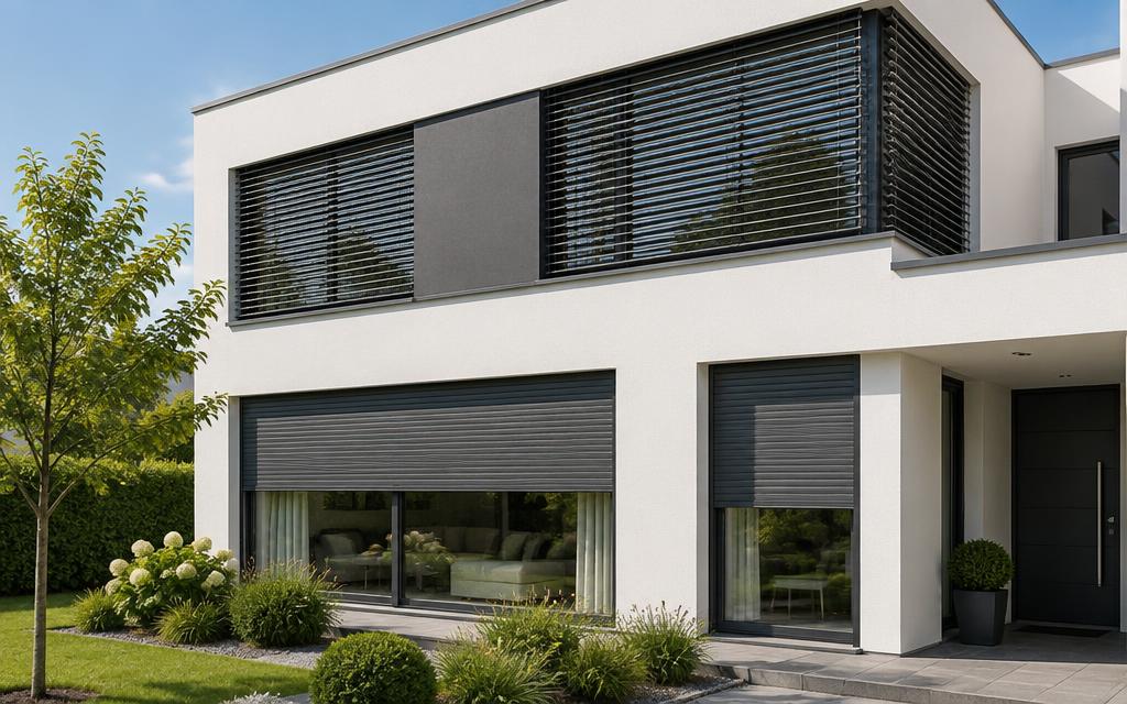 Hausfassade mit Rollläden und Raffstoren